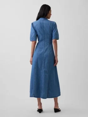 Midi-skjortekjole i denim med buede ermer