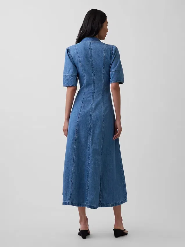 Midi-skjortekjole i denim med buede ermer