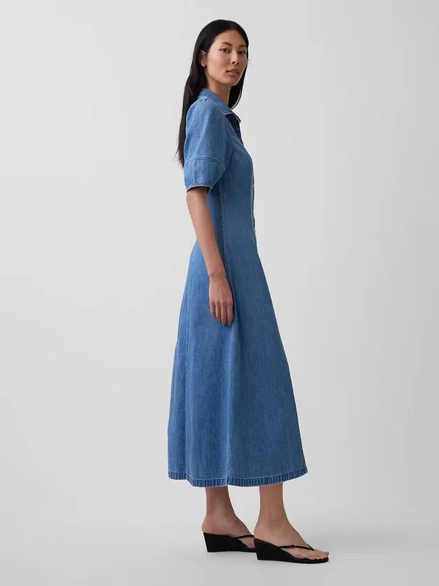 Midi-skjortekjole i denim med buede ermer