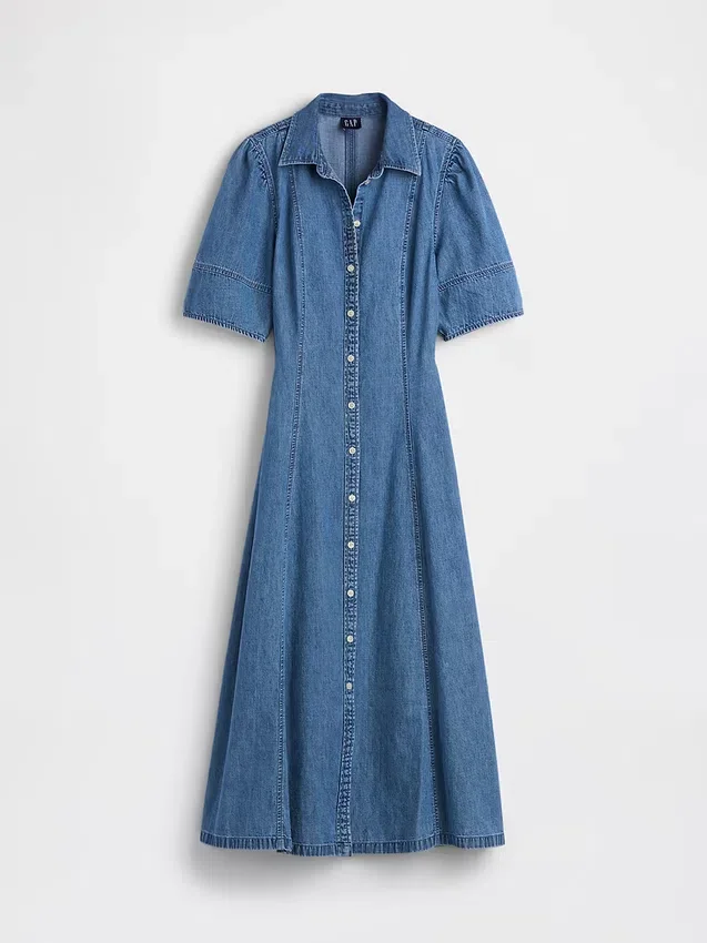 Midi-skjortekjole i denim med buede ermer