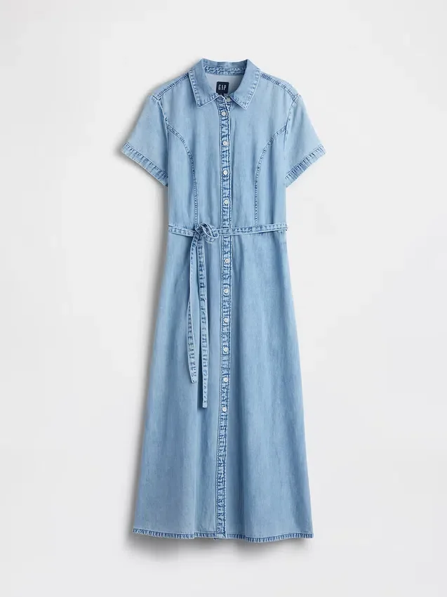 Midi-skjortekjole i denim med snøring i livet