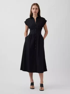 Midi-skjortekjole i poplin med innsvingt midje