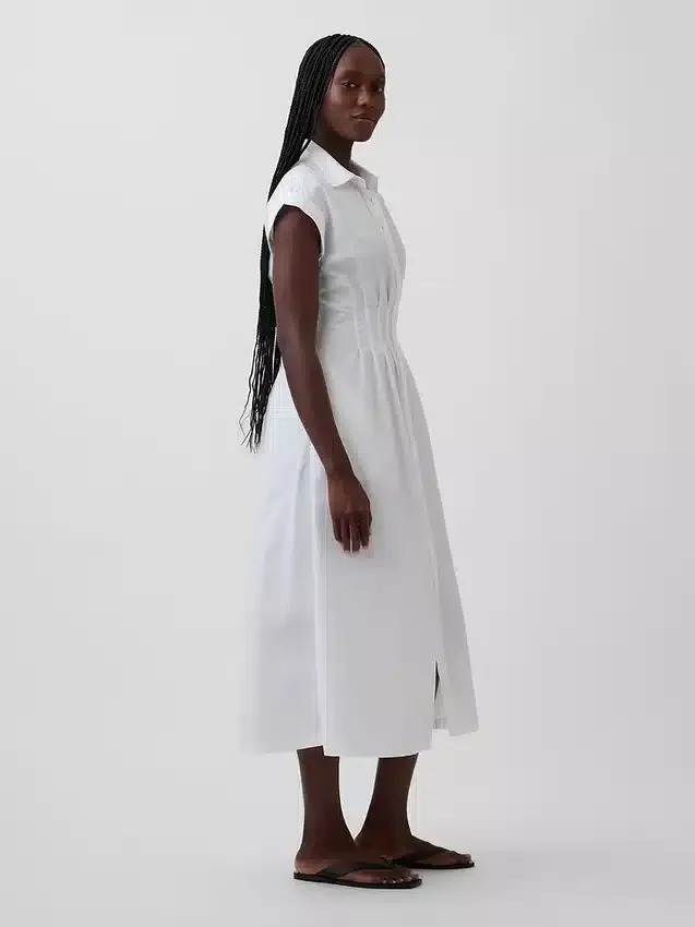 Midi-skjortekjole i poplin med innsvingt midje