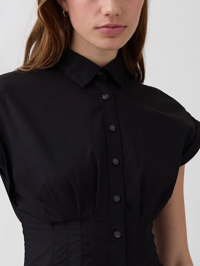 Midi-skjortekjole i poplin med innsvingt midje