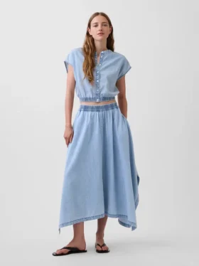 Midi-skjørt i denim med håndklekant