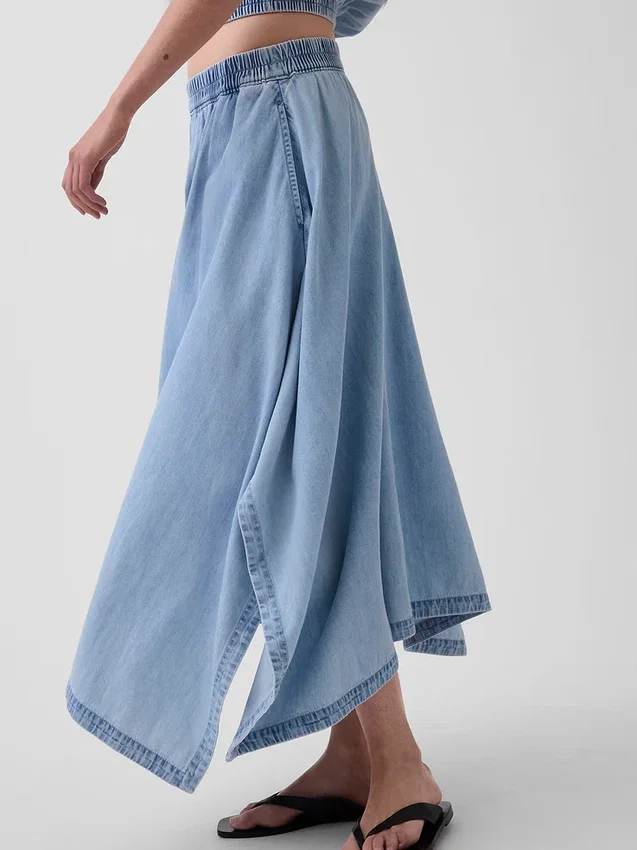 Midi-skjørt i denim med håndklekant