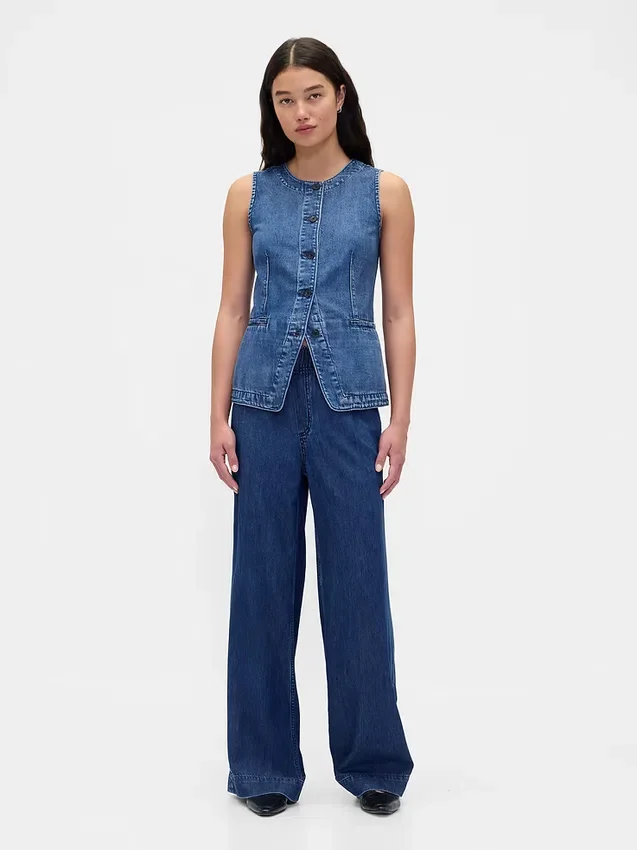 Midt høye, ultramyke, plisserte baggy-Jeans