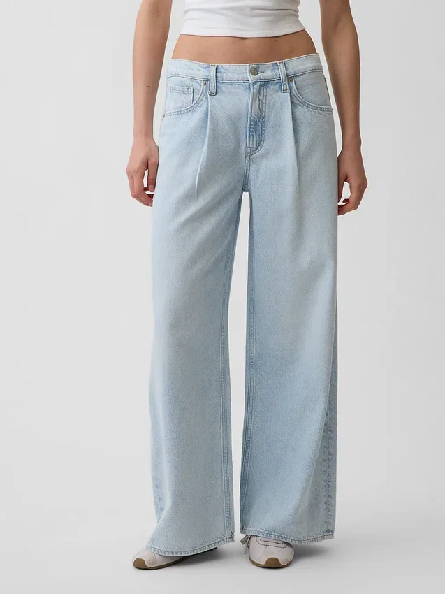 Midt høye, ultramyke, plisserte baggy-Jeans