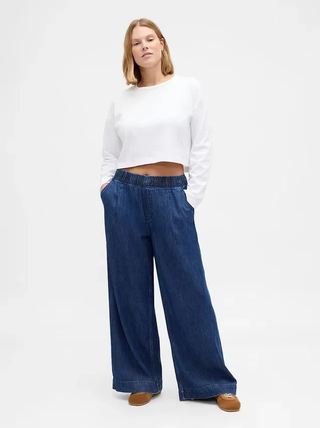 Midt høye, ultramyke, plisserte baggy-Jeans