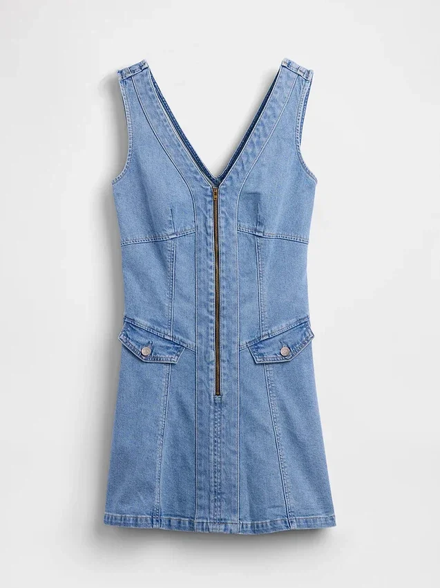 Mini-kjole i denim med sømmer og glidelås foran