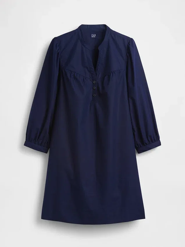 Mini-kjole i poplin med Henley-hals