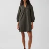 Mini-kjole i poplin med Henley-krage