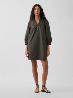 Mini-kjole i poplin med Henley-krage