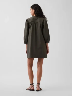 Mini-kjole i poplin med Henley-krage