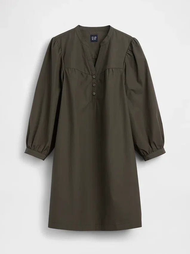 Mini-kjole i poplin med Henley-krage
