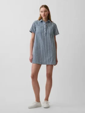 Mini-popoverkjole i denim med striper