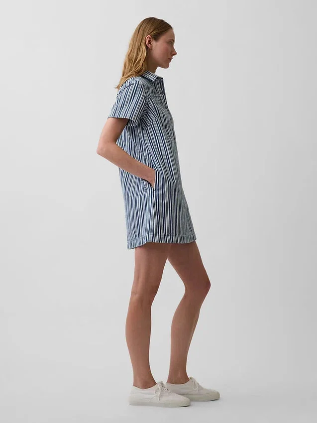 Mini-popoverkjole i denim med striper