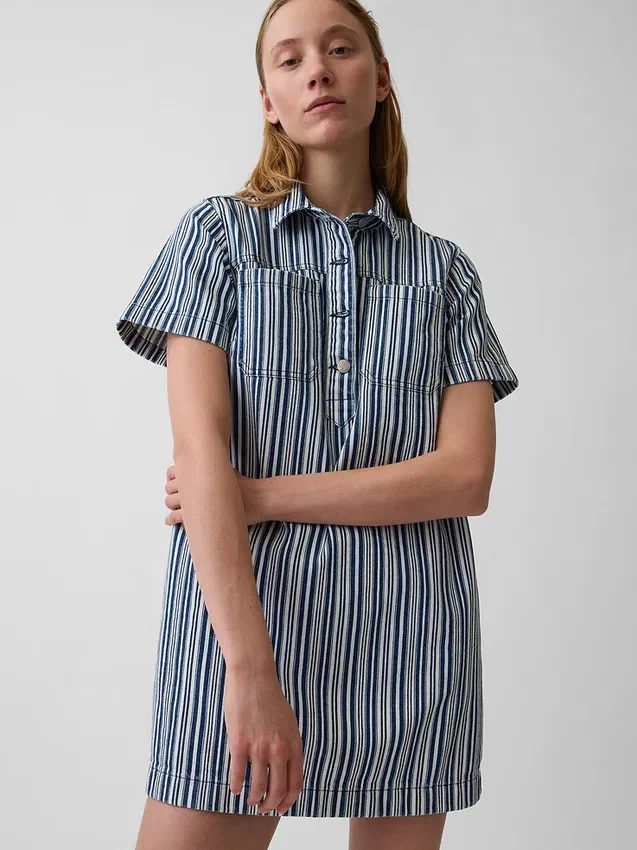 Mini-popoverkjole i denim med striper