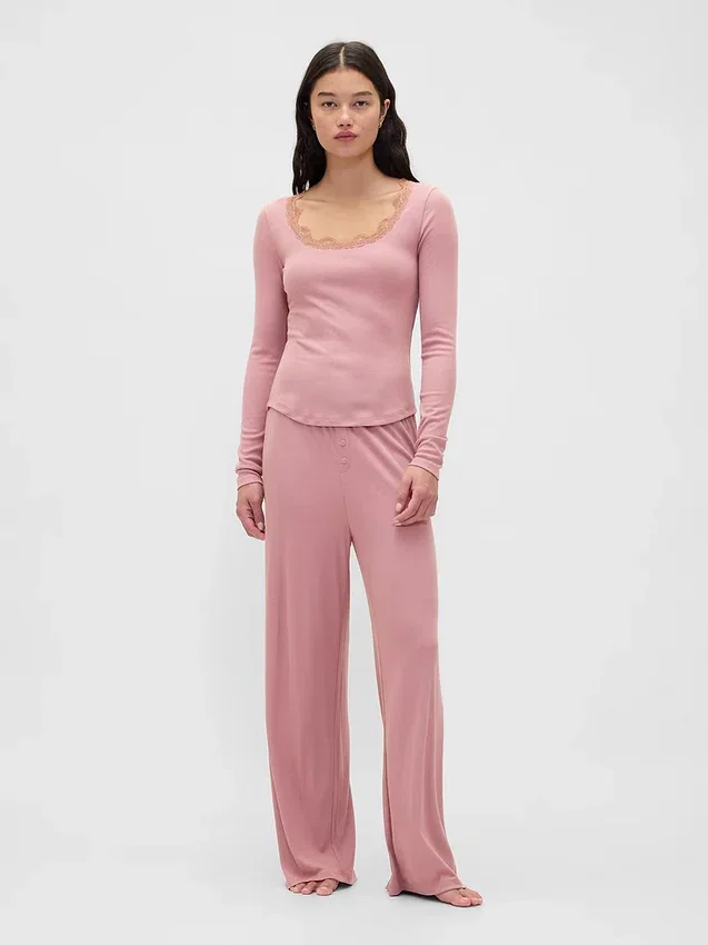 Mini Rib-pyjamasoverdel med blonder