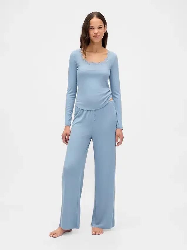 Mini Rib-pyjamasoverdel med blonder
