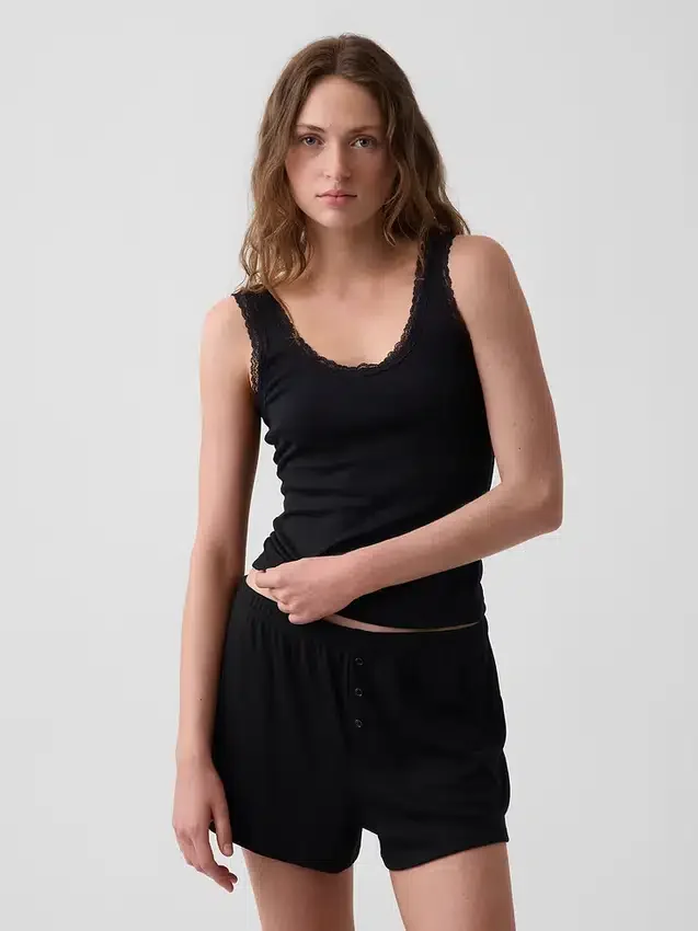 Mini ribbet pyjamas-tanktop med blonderkant
