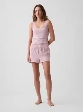 Mini ribbet pyjamas-tanktop med blonderkant