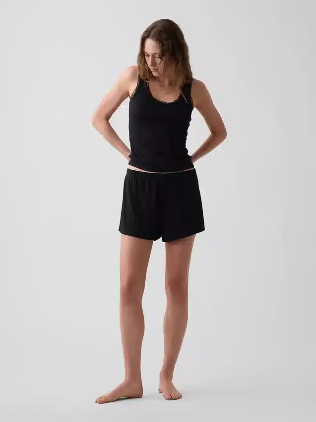 Mini ribbet pyjamas-tanktop med blonderkant