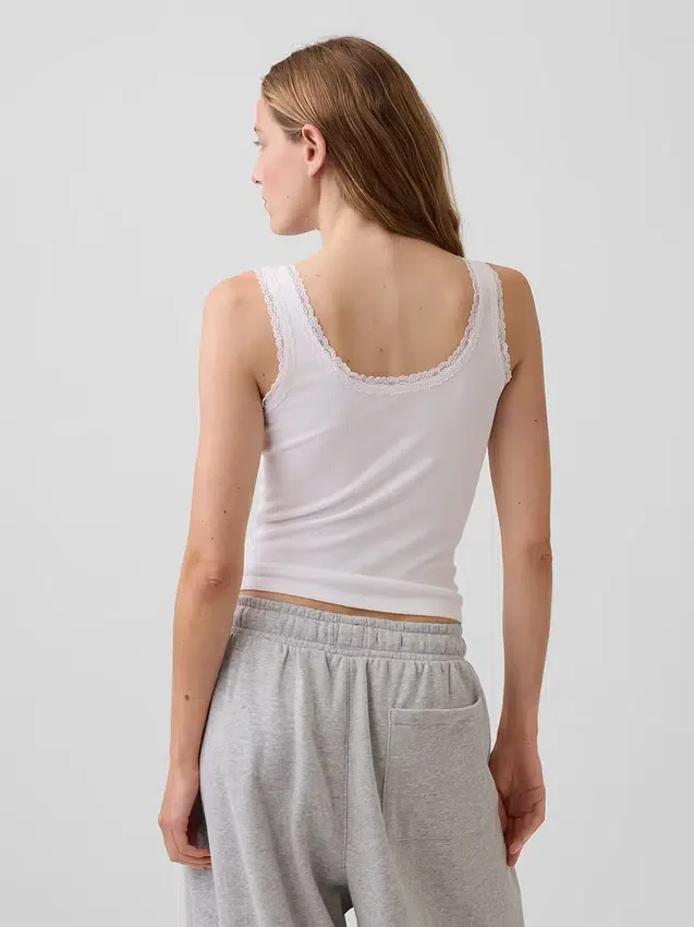 Mini ribbet pyjamas-tanktop med blonderkant