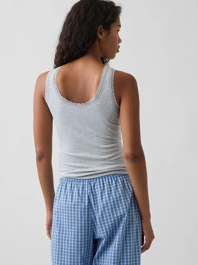 Mini ribbet pyjamas-tanktop med blonderkant