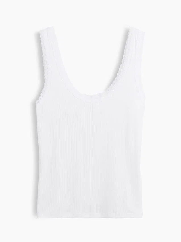 Mini ribbet pyjamas-tanktop med blonderkant