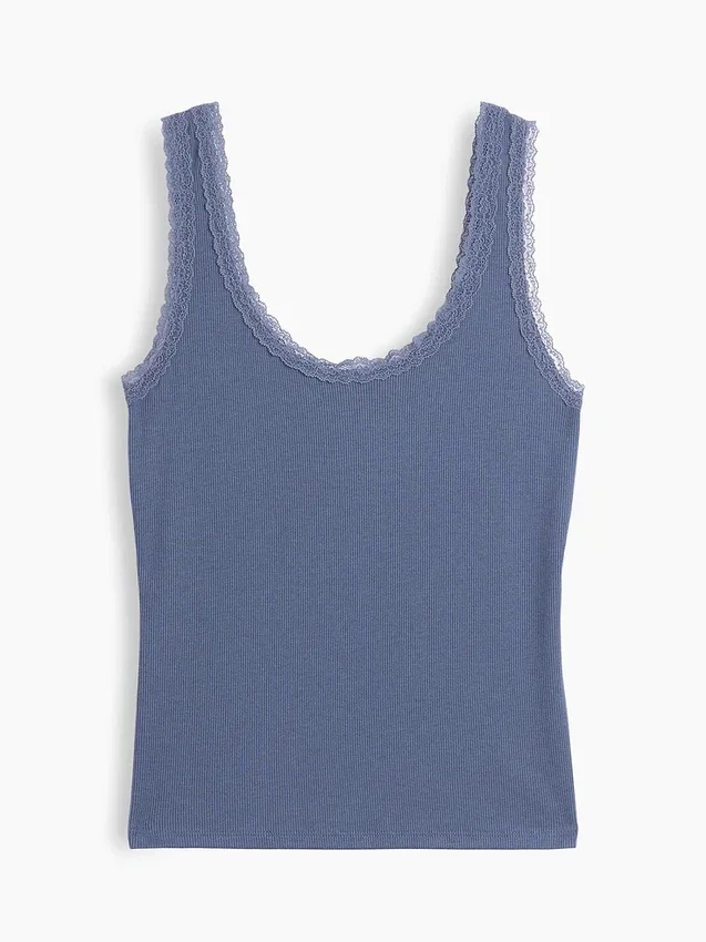 Mini ribbet pyjamas-tanktop med blonderkant