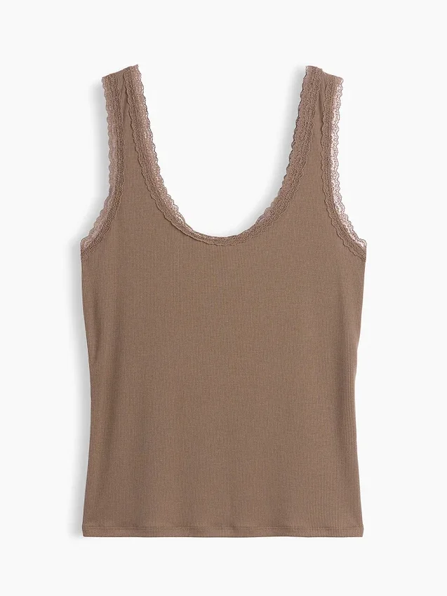Mini ribbet pyjamas-tanktop med blonderkant