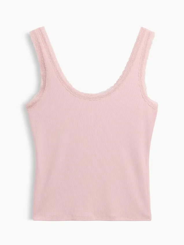 Mini ribbet pyjamas-tanktop med blonderkant