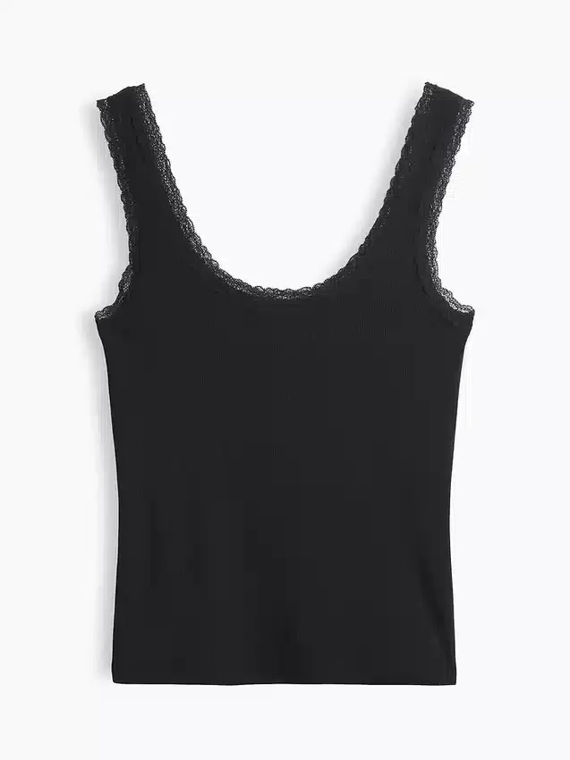 Mini ribbet pyjamas-tanktop med blonderkant