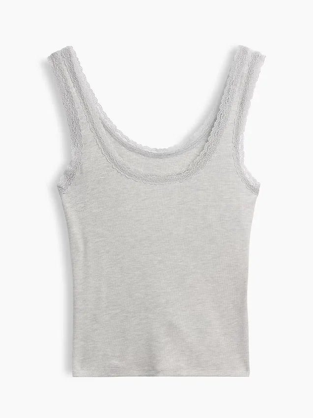Mini ribbet pyjamas-tanktop med blonderkant
