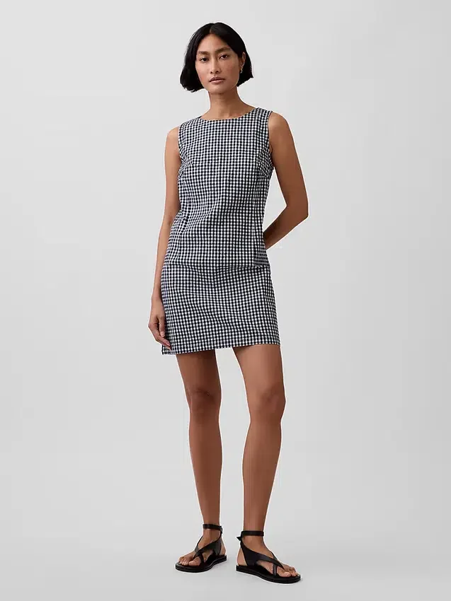 Mini-shiftkjole i gingham-denim