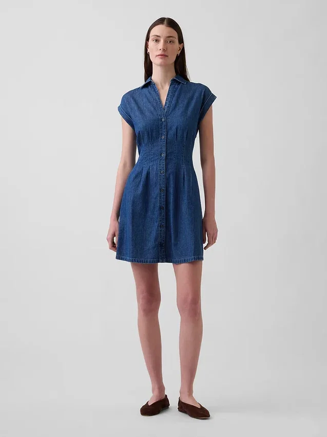Mini-skjortekjole i denim med plissering