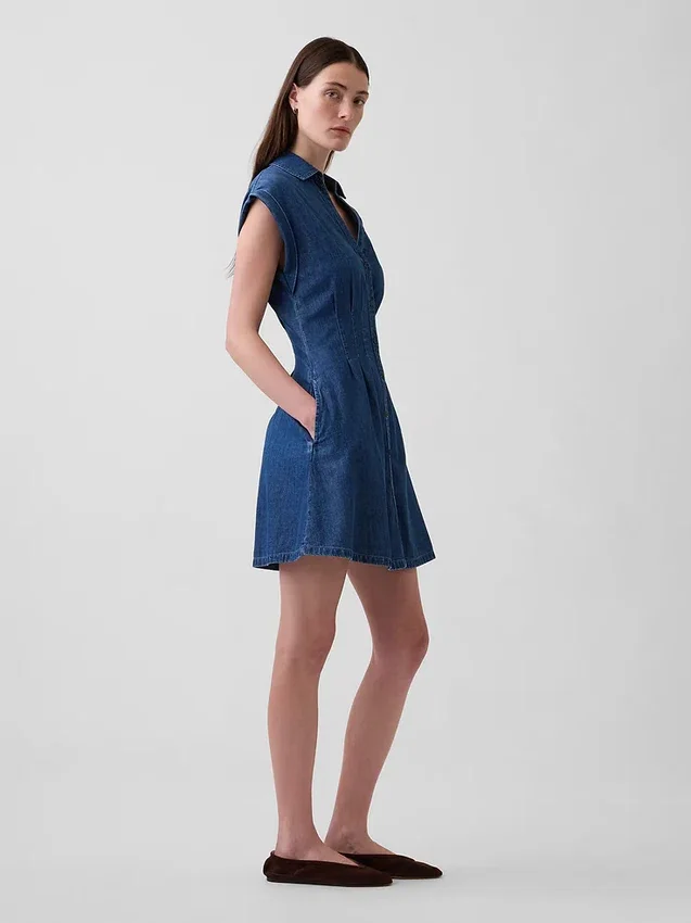 Mini-skjortekjole i denim med plissering