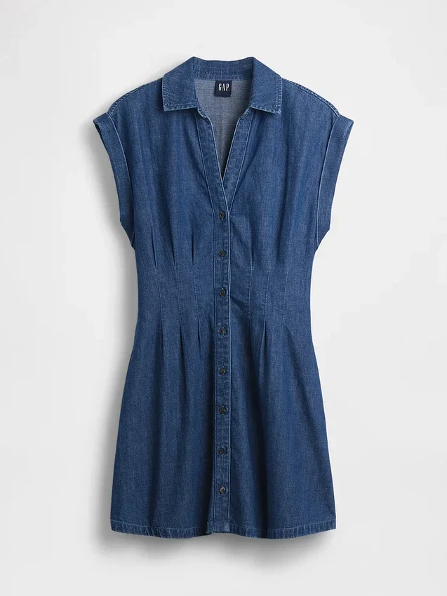Mini-skjortekjole i denim med plissering