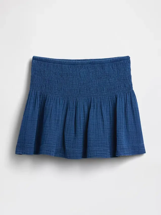 Mini-skort i bomullsgasdenim med smocket midje