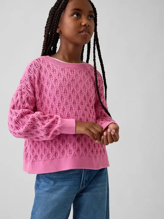 Oversized genser med rund hals i heklet bomull for barn