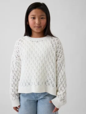 Oversized genser med rund hals i heklet bomull for barn