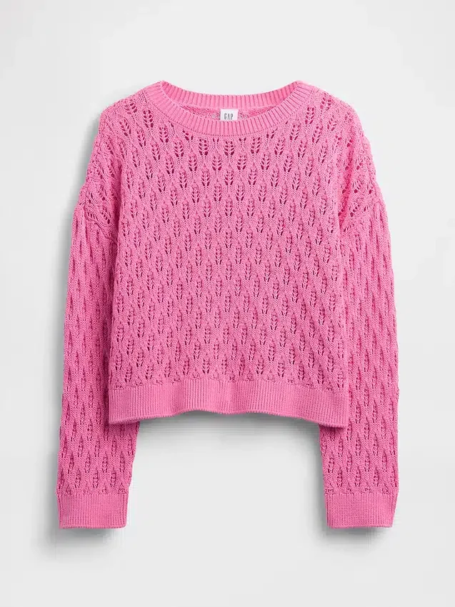 Oversized genser med rund hals i heklet bomull for barn