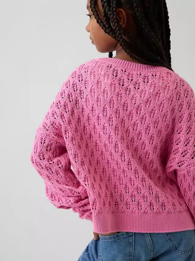 Oversized genser med rund hals i heklet bomull for barn