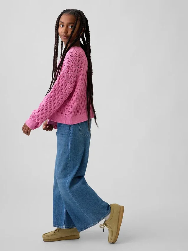 Oversized genser med rund hals i heklet bomull for barn