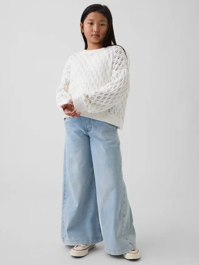 Oversized genser med rund hals i heklet bomull for barn