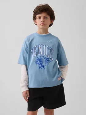 Oversized grafisk jersey-T-skjorte i mesh for barn