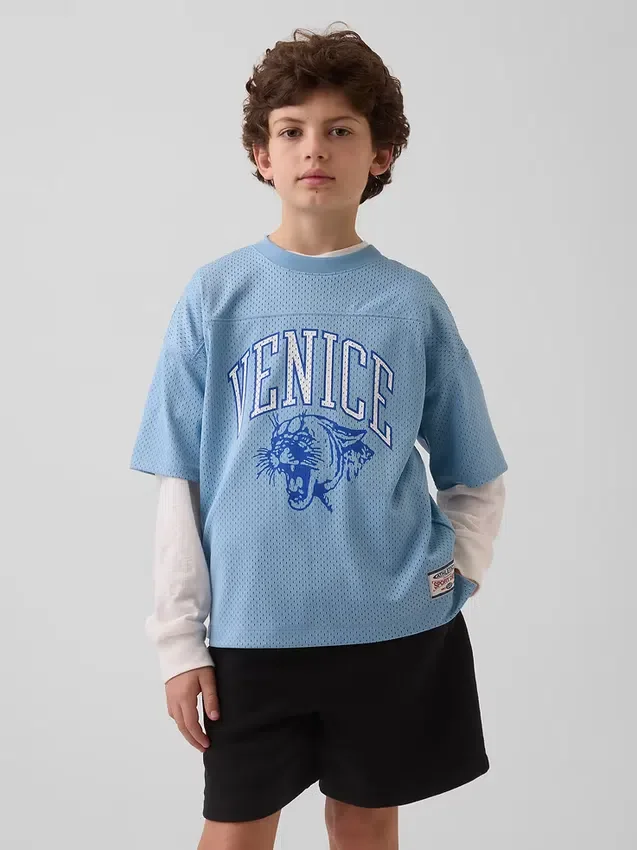 Oversized grafisk jersey-T-skjorte i mesh for barn