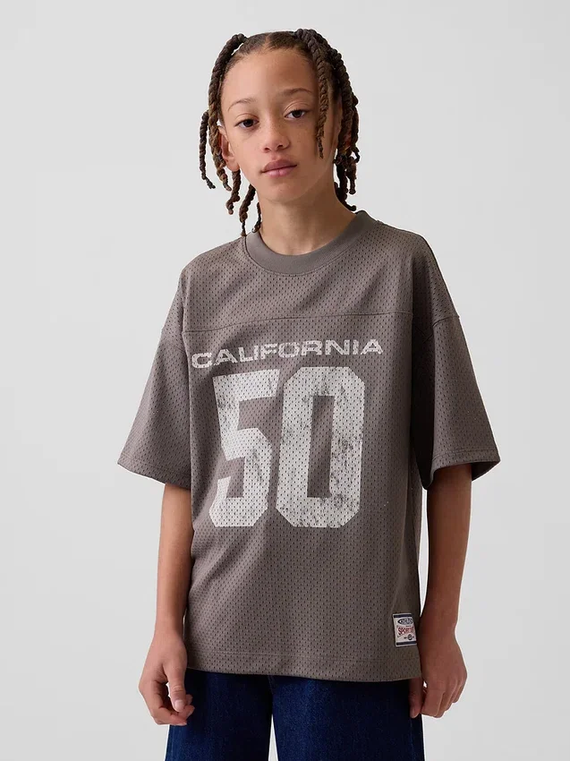Oversized grafisk jersey-T-skjorte i mesh for barn