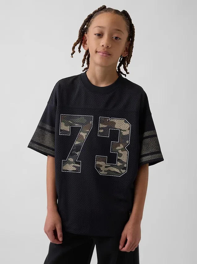 Oversized grafisk jersey-T-skjorte i mesh for barn